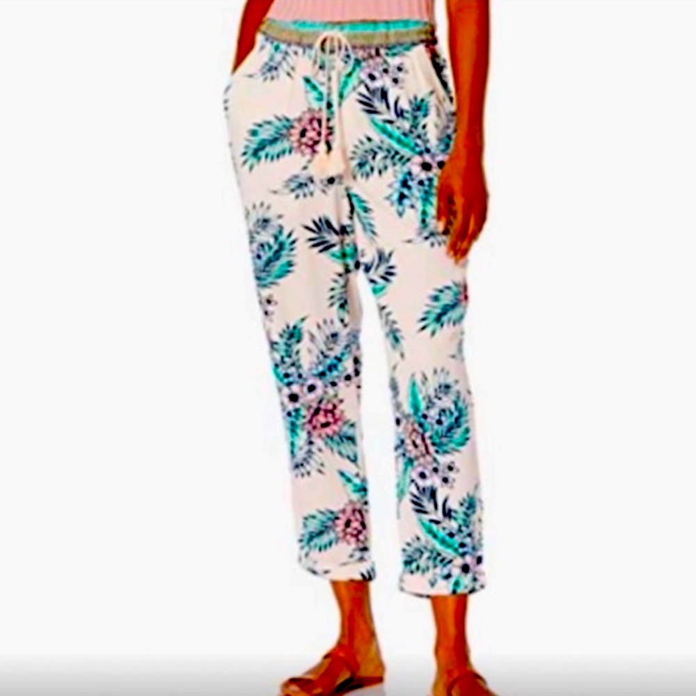 Vintage America Pale Pink Floral Tassel Drawstring Cropped Pants-Sz L NWT